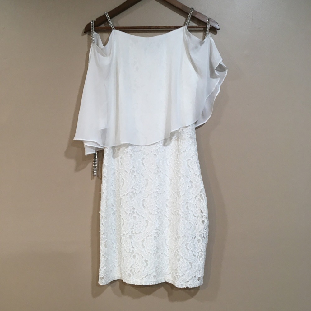 Scarlett Ethereal Lace Dress Womens 6 White Rhinestone Straps Mesh Cape Cocktail